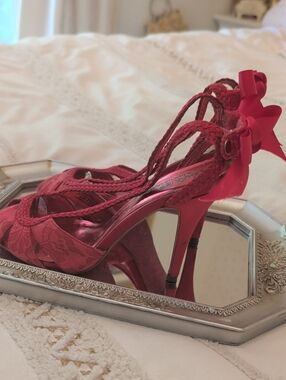 Hot Pink Town Shows Lace Braided Bow High Heel Sandals